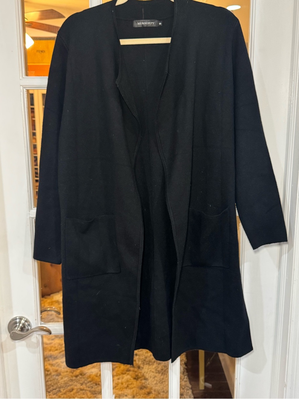 Black Open-Front Long Cardigan with Patch Pockets Slits Cover up, sweater - Picture 6 of 12